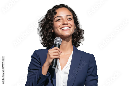 Confident woman public speaking giving presentation with microphone on transparent background