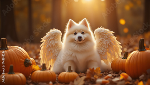 Digital artwork of a fluffy white fox-like dog with angel wings sitting in a forest during autumn. The dog has a cheerful expression with a small black nose and pointed ears. Surrounding the dog are