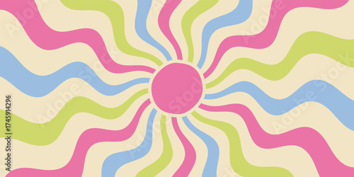Groovy retro sun burst wave background with vibrant sunshine circle and wavy color lines. Y2k style sun and burst shape create cool graphic scene. Horizontal orientation, trendy pop art mood.
