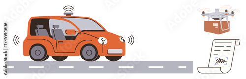 Self-driving car on the road, quadcopter delivering a package, and a signed digital contract. Ideal for technology, automation, logistics, innovation, e-commerce AI future mobility. Minimalist flat
