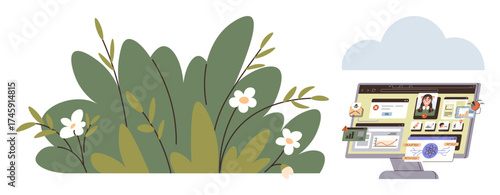 Vibrant green bushes with flowers paired with a computer screen displaying online tasks and information. Ideal for work-life balance, digital tools, productivity, nature-tech blend, sustainability