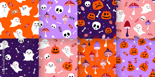 A set of 8 vector abstract seamless cute Halloween patterns. Images of pumpkins, ghosts, skulls, and candies. Vector