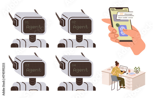 Robots labeled as agents symbolize automation, two-factor authentication secures a smartphone, and a person works at a desk. Ideal for tech security, AI, digital safety, workplace. Simple flat