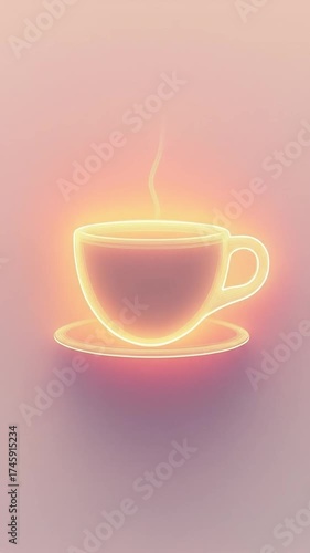 A glowing minimalist cup of hot beverage with light steam rising from it. The soft warm glow around the cup evokes a feeling of comfort and relaxation. Tea, coffee, relaxation, coziness. Cup of coffee