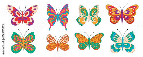Groovy retro butterfly set in psychedelic abstract doodle style. Funky and colorful groovy element collection with floral and y2k vibe. Modern pattern adds playful vintage charm, ideal for trendy