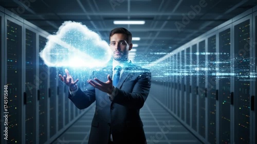 man in suit stands in server room holding glowing digital cloud with data streams flowing outwards Rows of illuminated server racks line the background connectivity and technology