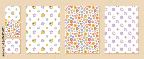 Groovy retro seamless floral pattern set in colorful style. Background with happy daisy, flower and smiley detail for y2k theme. Perfect for vintage wallpaper, cheerful print or creative summer