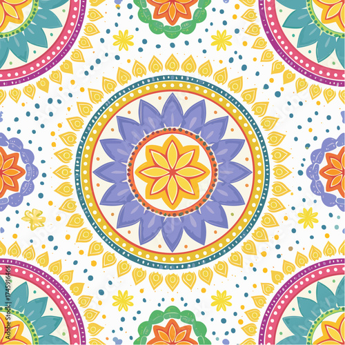A seamless Indian Diwali rangoli pattern with circular symmetry and bright colors. Perfect for festive packaging, invitations, and celebratory designs.