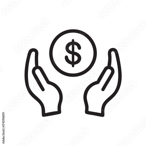 Simple line art icon of open hands gently holding a dollar coin symbolizing financial security and investment