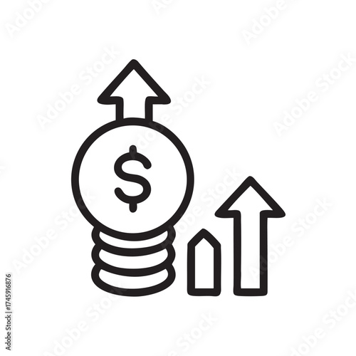 Conceptual illustration of financial growth and increasing monetary value represented by stacked coins and upward trending arrows