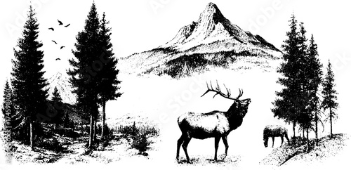 Nature-themed decorative wall art set featuring majestic deer and mountain landscape