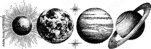 Vintage astral beacons - sun, moon, jupiter, saturn - detailed dotwork design