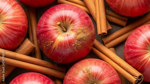 Vibrant red apples and aromatic cinnamon sticks create a cozy inviting still life perfect for autumn or winter - themed content