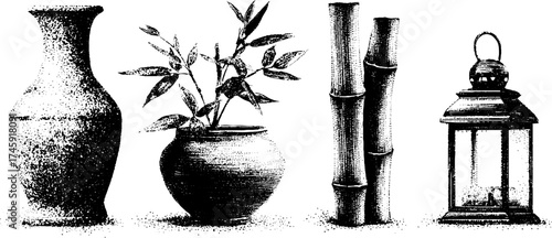 Elegant bamboo and tatami inspired set featuring decorative vase and lantern for interior design