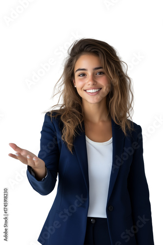 Young Latina woman dressed in a suit standing welcoming, isolated on a white background