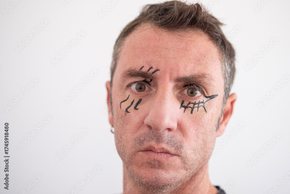 Obraz premium Man with face made up for Halloween. The man is forty years old and of Caucasian origin