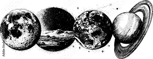 Celestial navigation - detailed dotwork of moon, mars, earth, and saturn for space enthusiasts