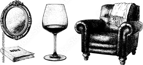 Vintage home essentials: chair, mirror, wine glass, drapery for interior design