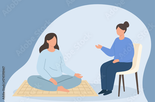 A therapist guides a patient through meditation for mental wellness, showing a supportive therapy session focused on mindfulness and healing