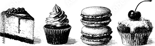 Delicious desserts collection: cheesecake, brownie, cupcake, and macaron for confectionery design