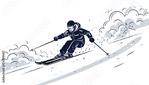 A skier speeding down the slope with dynamic movement and snow clouds