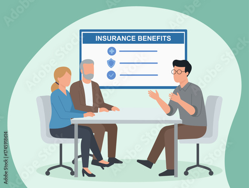 An insurance agent explains benefits to an elderly couple. This flat vector illustration shows financial planning, healthcare, and retirement security concepts