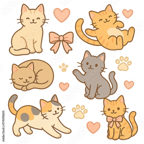 Adorable Valentine cats doodle collection with playful kittens hearts ribbons and sweet expressions a charming vector set perfect for cards stickers and festive merch