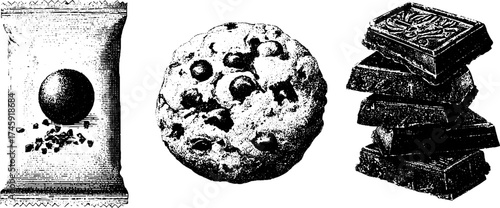 Chocolate chip cookie, chocolate bar, and pack: vintage stipple illustration for design