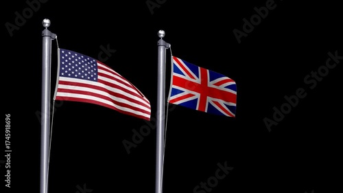 Transparent animation of USA and UK flags waving side-by-side, symbolizing NATO, English-speaking countries, and strong Western business partnership.