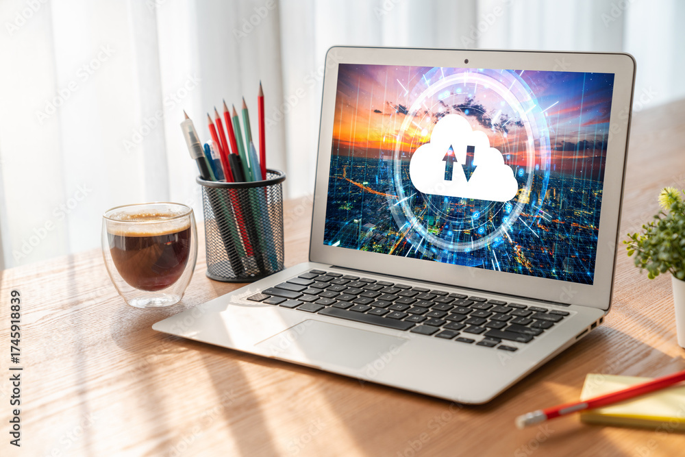 Fototapeta premium Cloud computing software for modish remote work and personal data storage