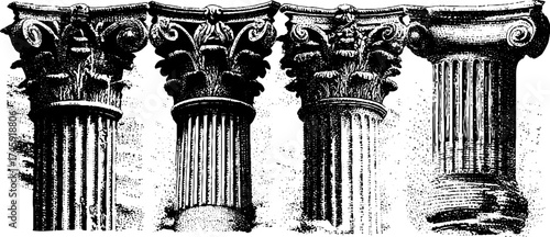 Classical greek and roman architectural column capitals with intricate detail design