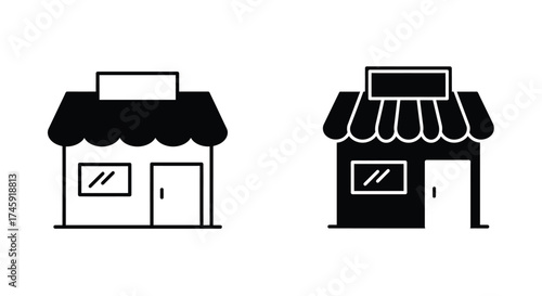 Simple black and white illustration featuring two distinct storefront designs