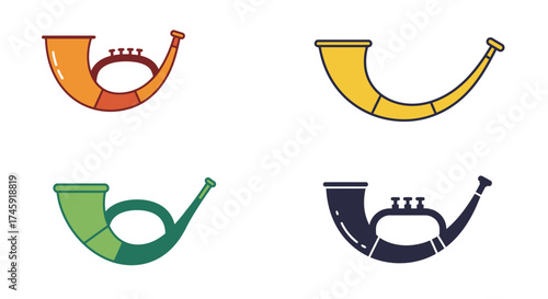Four colorful illustrations depicting vintage brass hunting horns isolated on white