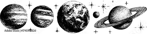 Cosmic exploration art with planets and stars in vintage dotwork style for design