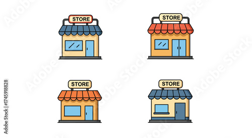 Four colorful storefront designs with awnings and simple architectural details