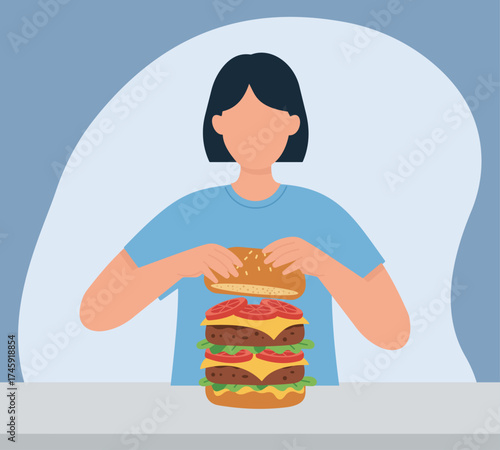 A person assembles a huge, multi-layered cheeseburger. This flat vector illustration highlights concepts of indulgence, appetite, and fast food
