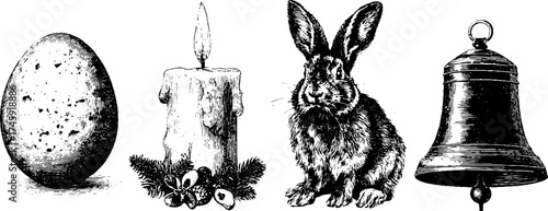 Vintage easter symbols: egg, rabbit, candle, and bell for holiday design