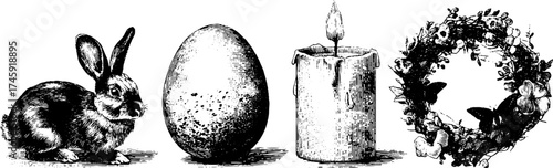 Vintage easter elements: egg, wreath, candle, rabbit for design and decoration