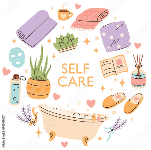 Self-care day illustration. Relaxing spa essentials in soft pastel colors.
