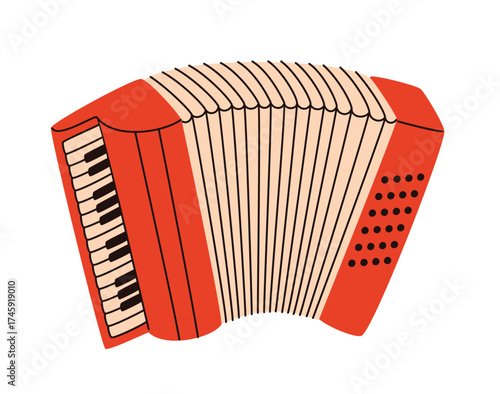 Red accordion musical instrument. Flat vector illustration.