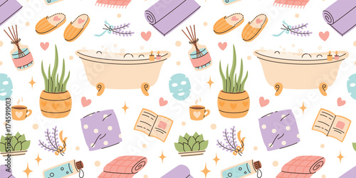 Wellness seamless pattern. Home spa, yoga mat, candles and relaxation symbols.