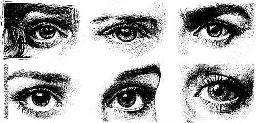 Detailed illustration of six unique eye designs with vintage dotwork effect
