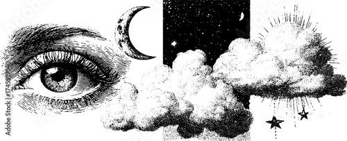 Celestial elements: eye, moon, star, and cloud in detailed dotwork for design and decoration