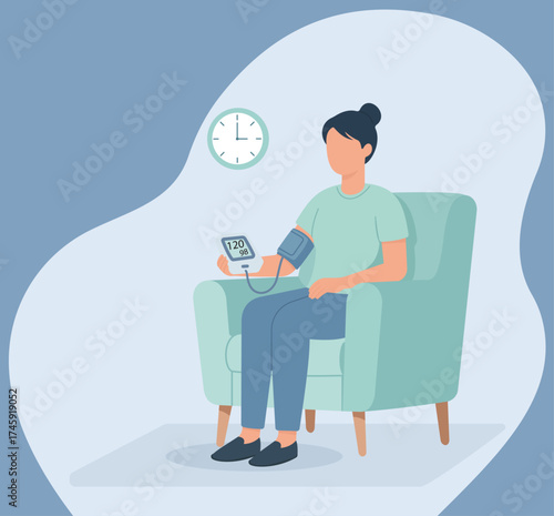 A woman sits in a chair, monitoring her blood pressure at home, illustrating the concept of health self-management and regular medical check-ups