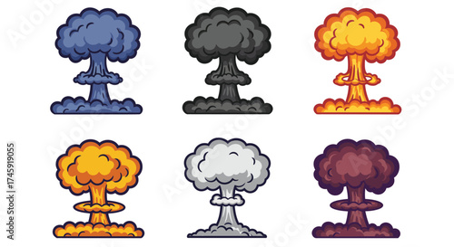 Colorful cartoon mushroom clouds depict explosions in varying shades and styles