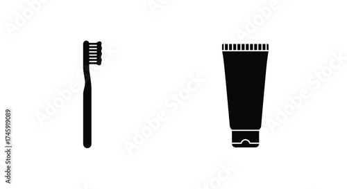 Simple black silhouette icons depicting a toothbrush and tube of toothpaste