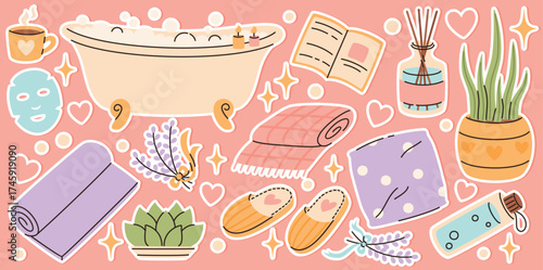 Cozy bath time. Pastel self-care seamless background with spa accessories.