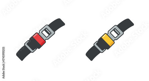 Two seatbelt buckles one red and one yellow displayed on a white background