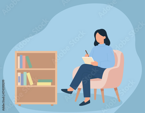 A woman sits in a comfy chair, writing or journaling. This flat illustration evokes concepts of thought, reflection, creativity, and peaceful solitude