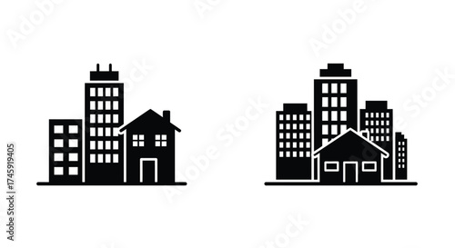 Simple black silhouettes depict a cityscape with buildings and houses